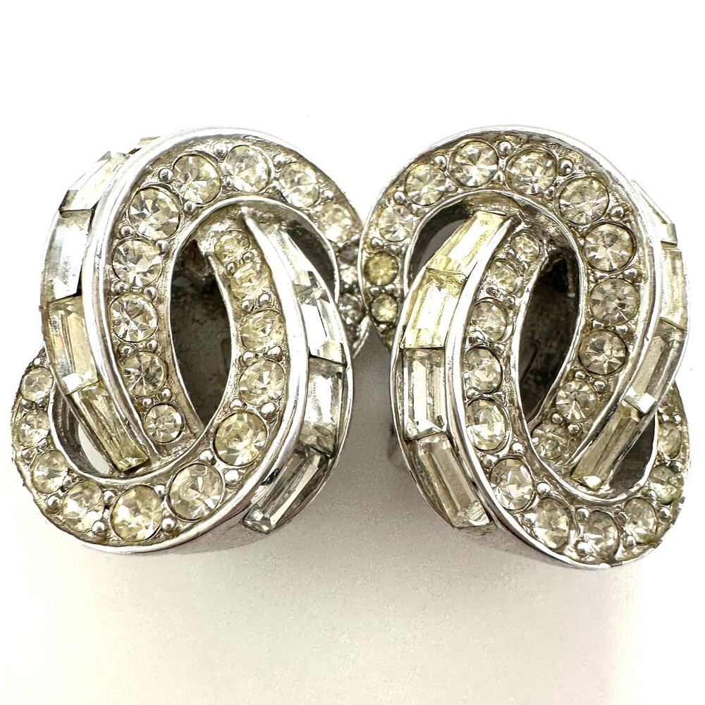 Marcel Boucher signed vintage silver tone clear rhinestones clip on earrings